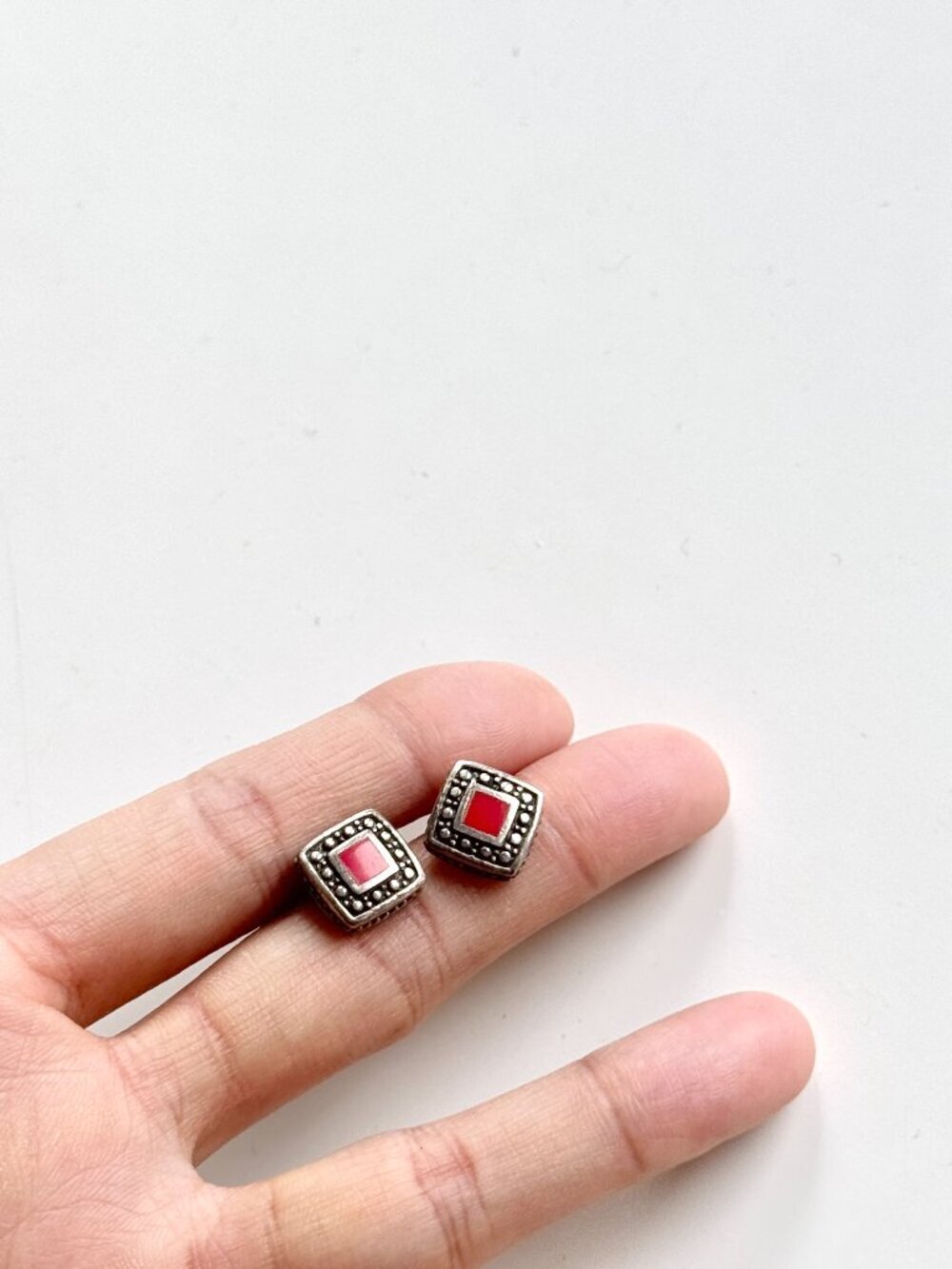 925 Sterling Silver Red Carnelian Inlay Square Stud Earrings